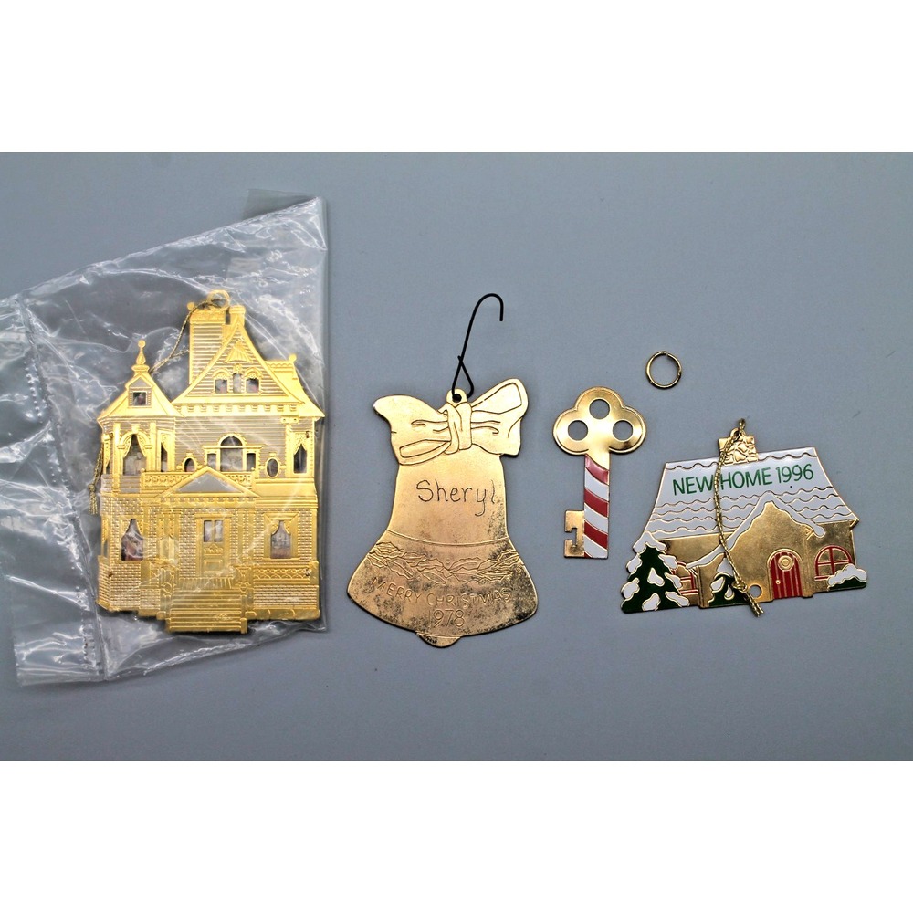 Vintage Brass Christmas Ornaments Lot 4 Victorian House Bell Key 1996 New Home